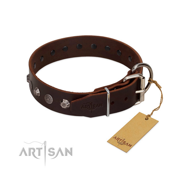 Durable traditional buckle on genuine leather dog collar for fancy walking