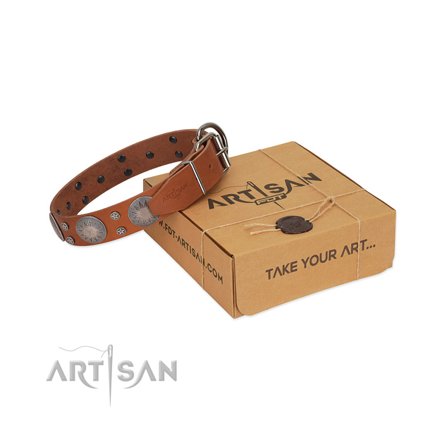 Fashionable adornments on natural leather collar for easy wearing your canine
