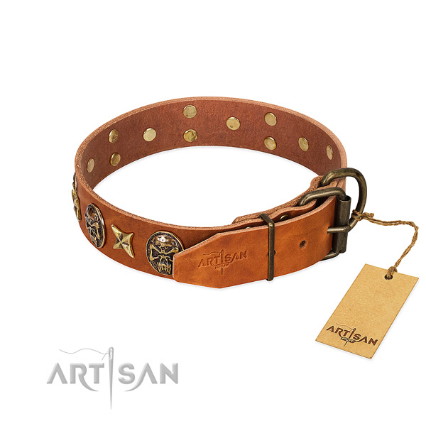 Natural genuine leather dog collar with durable buckle and embellishments