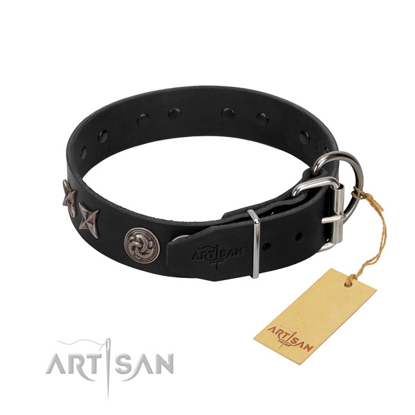 Strong full grain natural leather dog collar with decorations for your pet