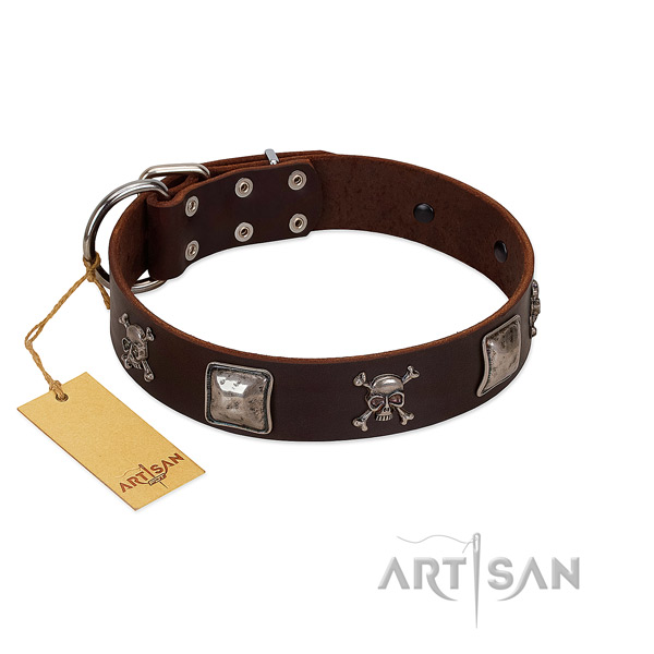 Stylish decorated full grain genuine leather dog collar