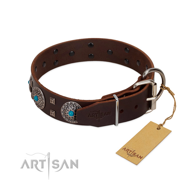 Flexible full grain natural leather dog collar with adornments for comfy wearing