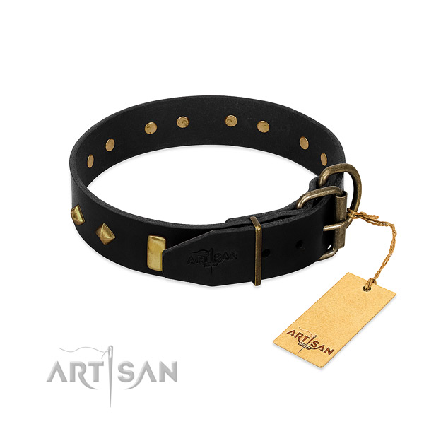 Flexible full grain natural leather dog collar with fashionable decorations