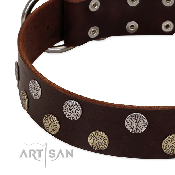 Gentle to touch genuine leather dog collar with adornments for your lovely dog