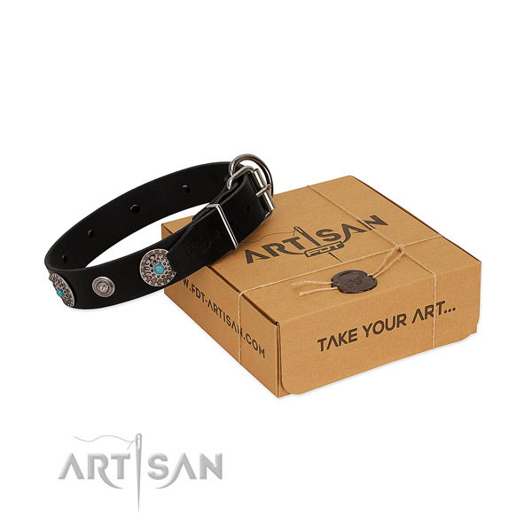 Comfortable wearing gentle to touch leather dog collar with adornments