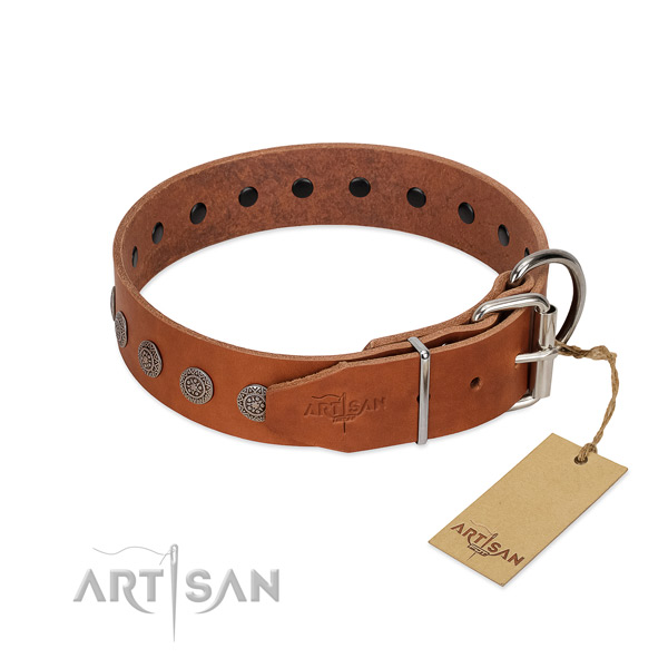 Inimitable embellishments on genuine leather collar for everyday use your pet