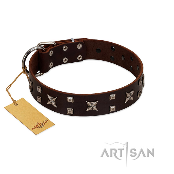 Soft to touch natural leather dog collar with studs for walking