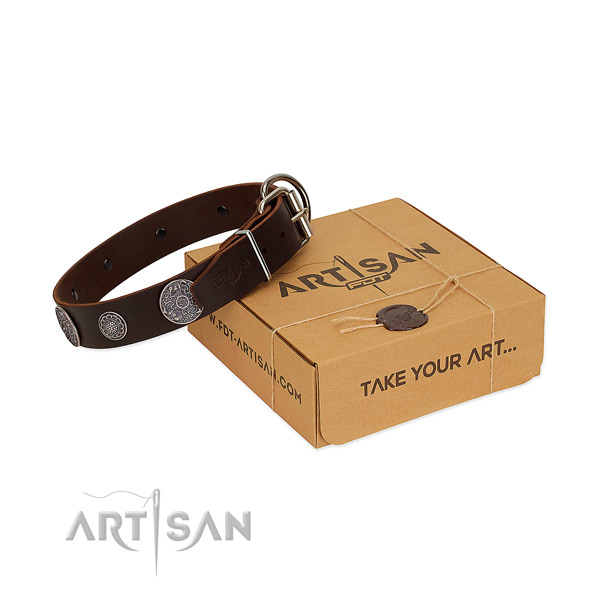 Comfortable wearing reliable full grain genuine leather dog collar with decorations