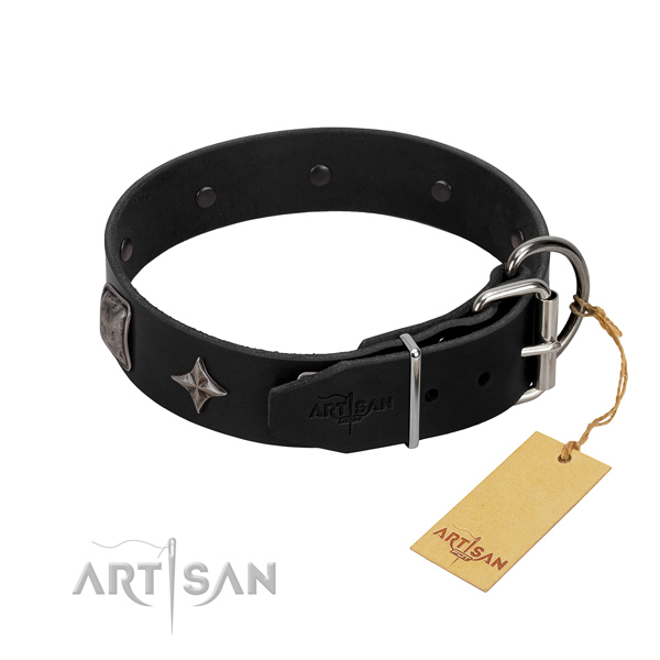 Soft to touch natural leather dog collar with decorations for stylish walking