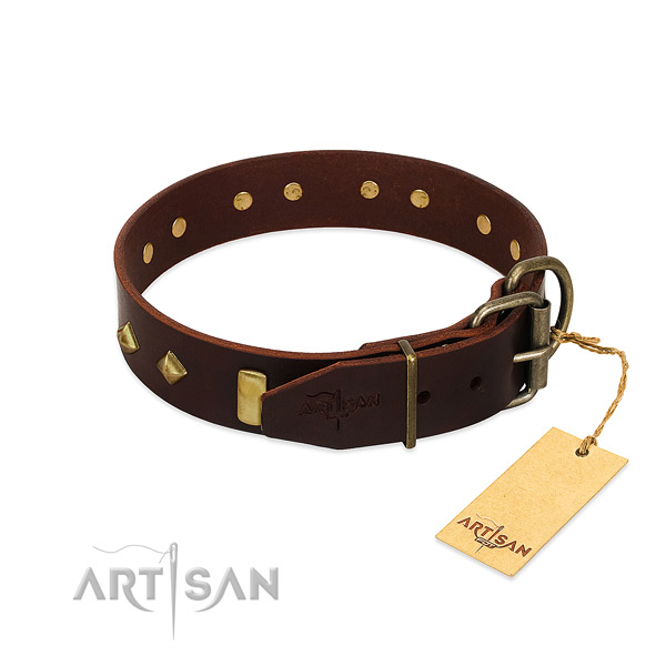 Natural leather dog collar with durable traditional buckle for stylish walking
