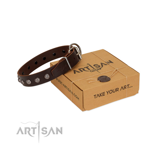 Comfortable wearing soft to touch genuine leather dog collar with adornments