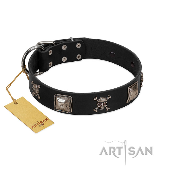 Trendy embellished genuine leather dog collar