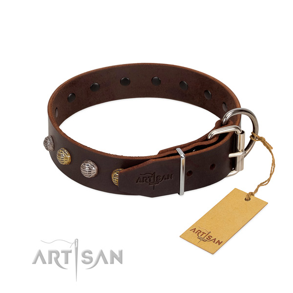 Adjustable natural leather dog collar with corrosion proof traditional buckle