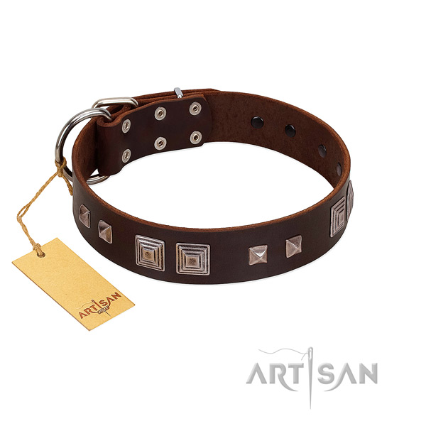 Reliable traditional buckle on full grain genuine leather dog collar for daily use