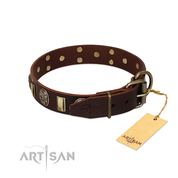 Natural genuine leather dog collar with rust resistant hardware and decorations