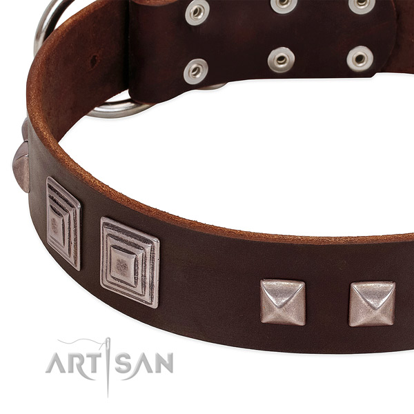 Corrosion resistant hardware on natural genuine leather dog collar for comfortable wearing