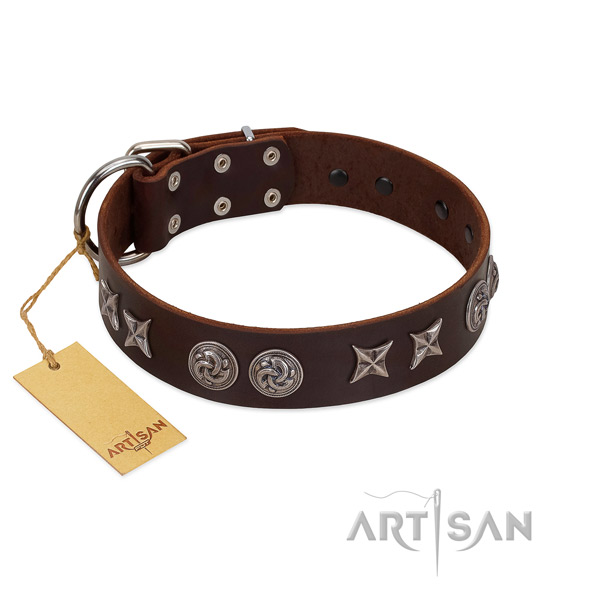 Adorned genuine leather dog collar for easy wearing