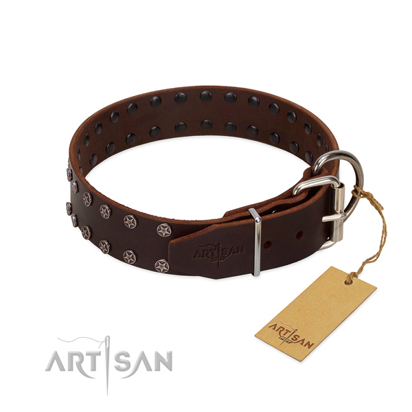 Top rate full grain natural leather dog collar with decorations for your doggie