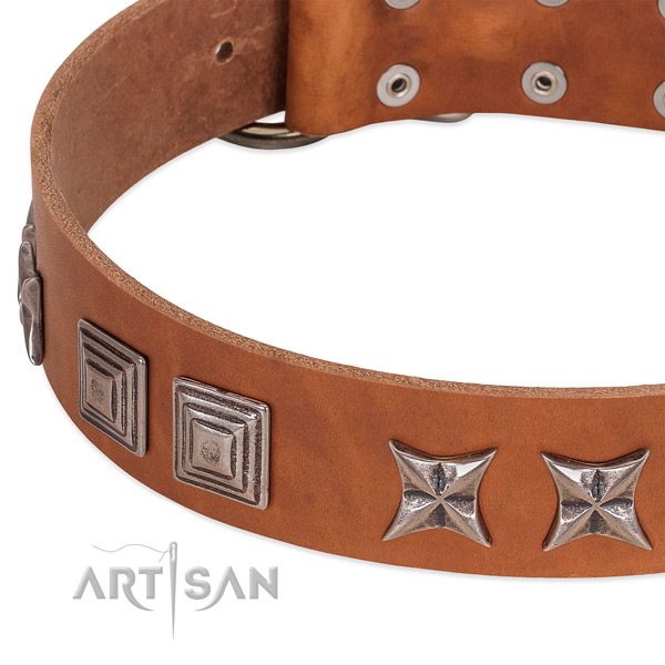 Reliable full grain genuine leather dog collar with corrosion resistant traditional buckle