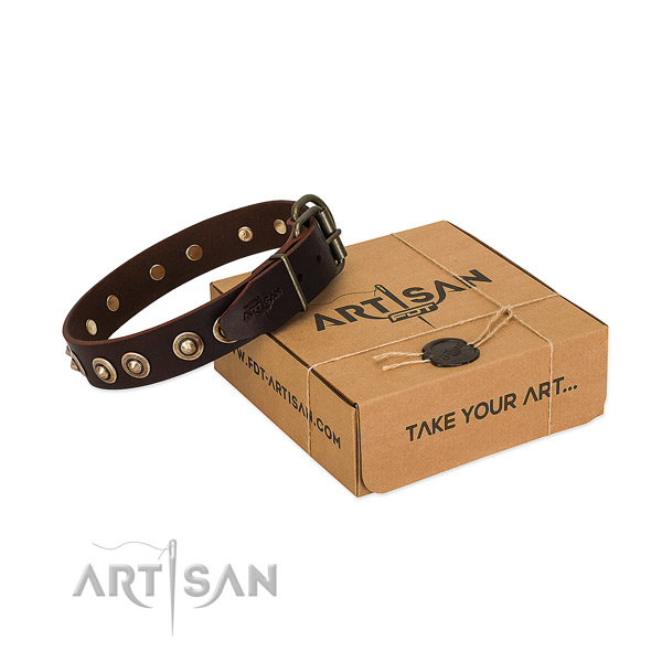Durable buckle on genuine leather dog collar for your doggie