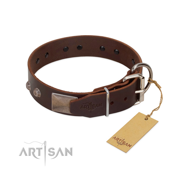 Impressive natural genuine leather dog collar for stylish walking your doggie