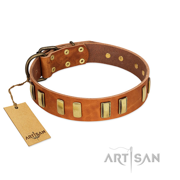 Soft full grain natural leather dog collar with rust-proof buckle