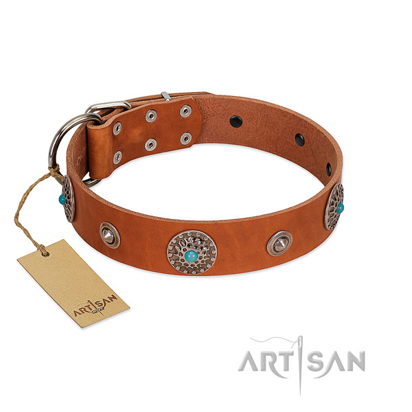 Decorated genuine leather dog collar with corrosion proof buckle
