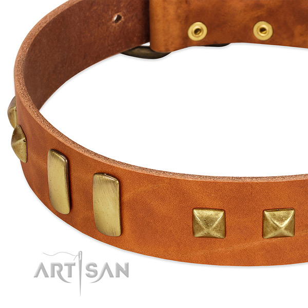 Flexible natural leather dog collar with decorations for handy use