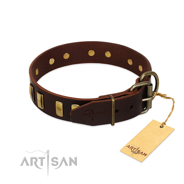 Natural leather dog collar with rust resistant D-ring for fancy walking