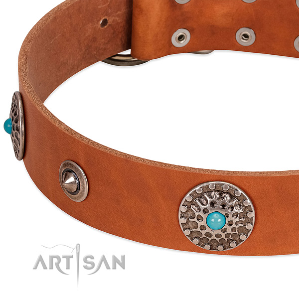 Handy use high quality full grain natural leather dog collar with embellishments