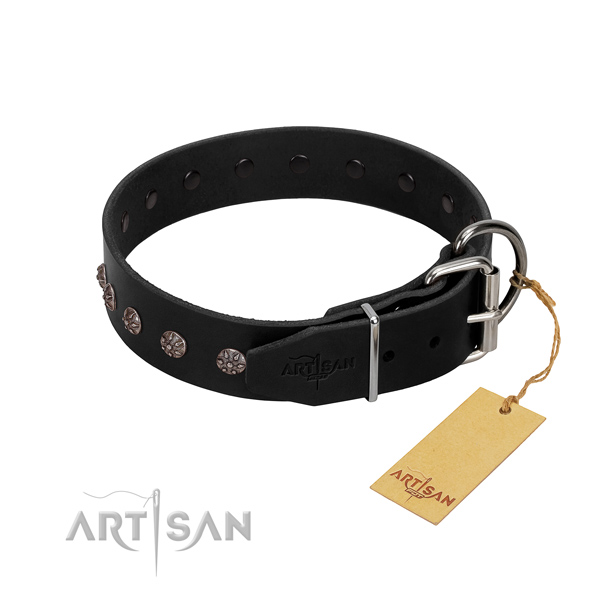 Soft to touch full grain genuine leather dog collar with adornments for easy wearing