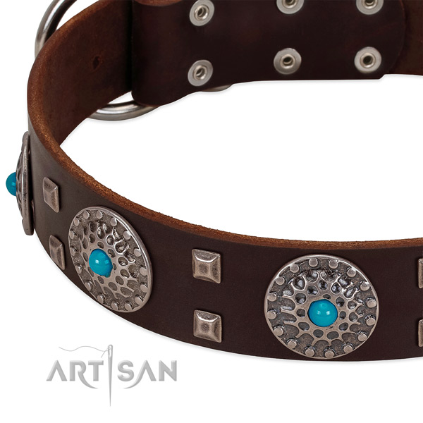 Best quality full grain natural leather dog collar with incredible decorations