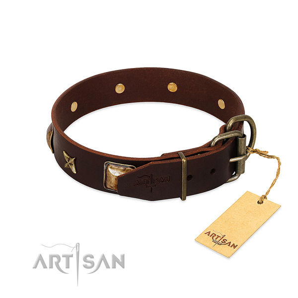 Full grain genuine leather dog collar with corrosion resistant hardware and decorations