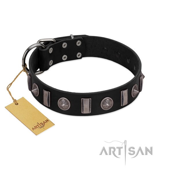 Gentle to touch full grain natural leather dog collar with decorations for fancy walking