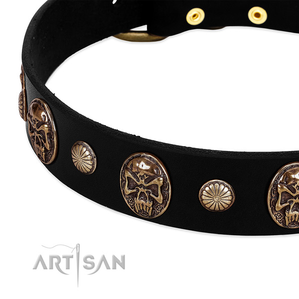 Natural leather dog collar with trendy decorations