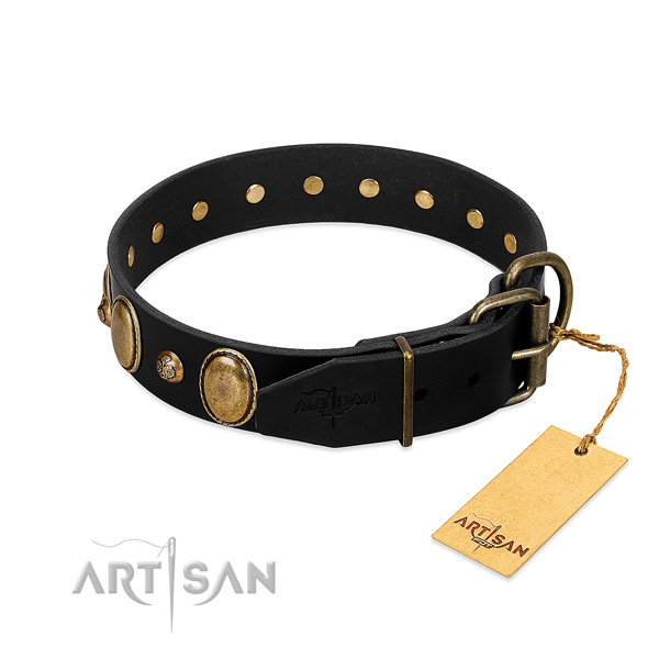 Reliable traditional buckle on natural genuine leather collar for daily walking your canine