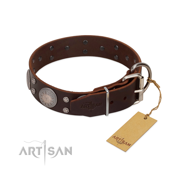 Rust-proof D-ring on full grain natural leather dog collar for everyday use