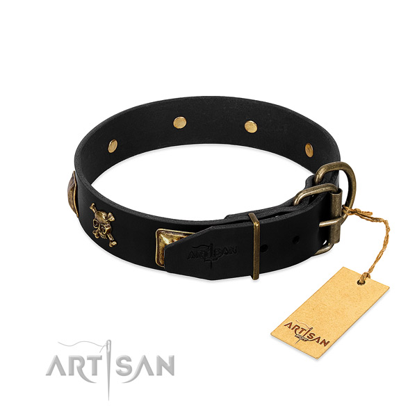 Top rate full grain natural leather collar with embellishments for your four-legged friend